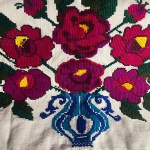 Handmade, Needlepoint, Mexican Flowers, in a Pot, Pillowcase